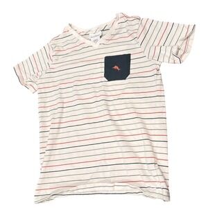 Tommy Bahama Boys White Striped V-Neck T-Shirt with Logo Pocket Size M 7/8